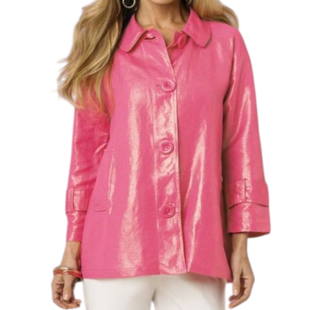 Jacket Blazer Women Sz L Shimmering Pink Linen Blend Button Front Artsy Colorful